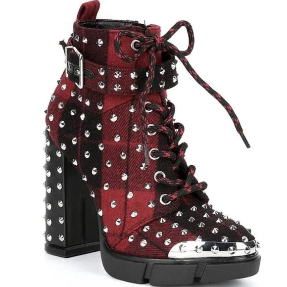 Gianni Bini Shoes - Gianni Bini Rhiannen Plaid Studded Chunky Lug Sole Booties SZ 8.5